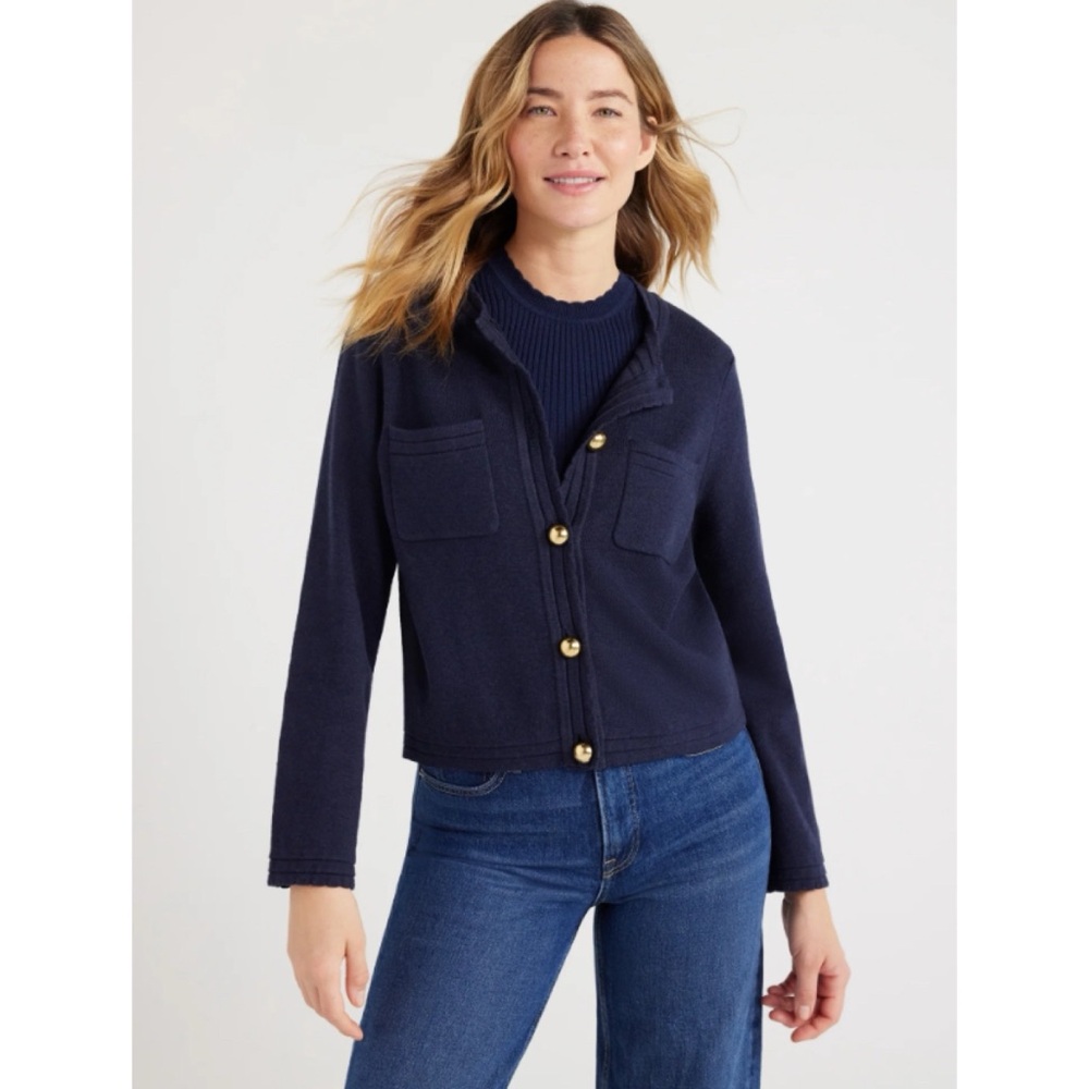 🆕 Free Assembly Navy Cardigan Sweater Gold Buttons L Large NWOT New Blue